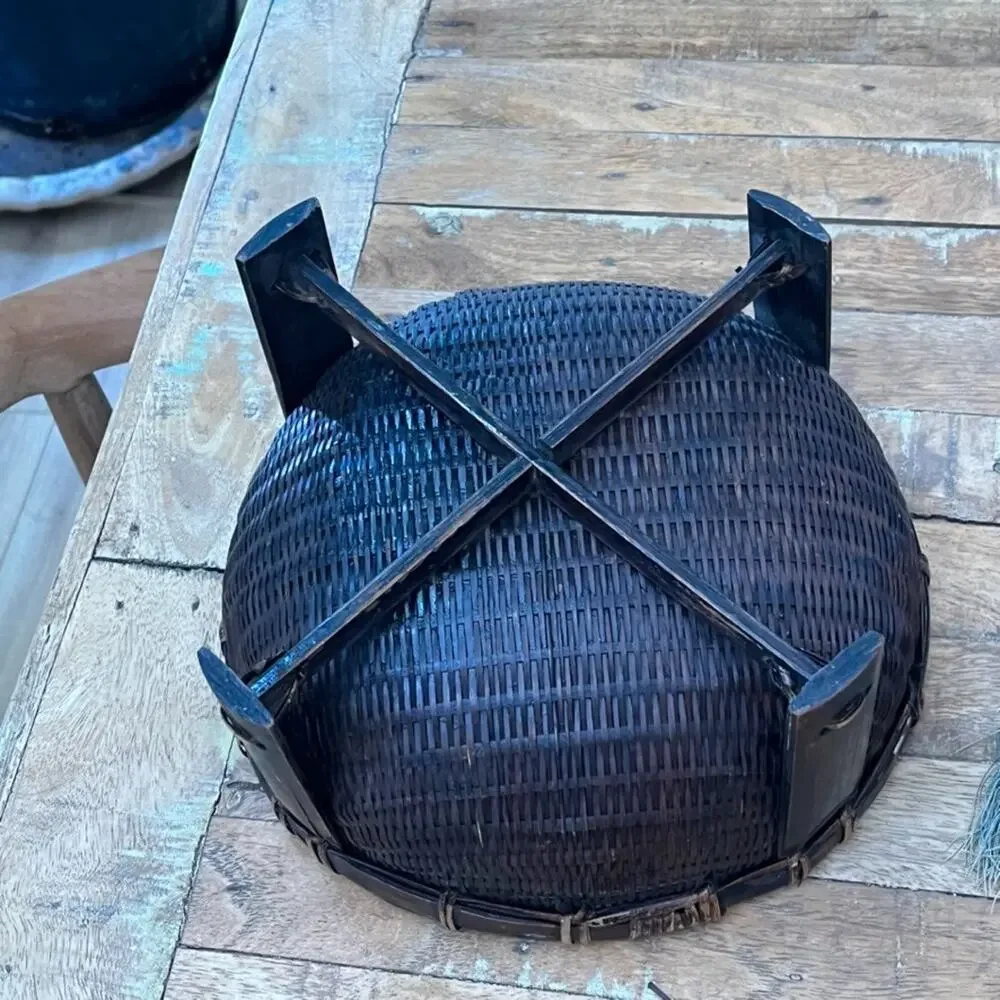 Antique Chinese Wicker Lidded Sewing Basket 7.5